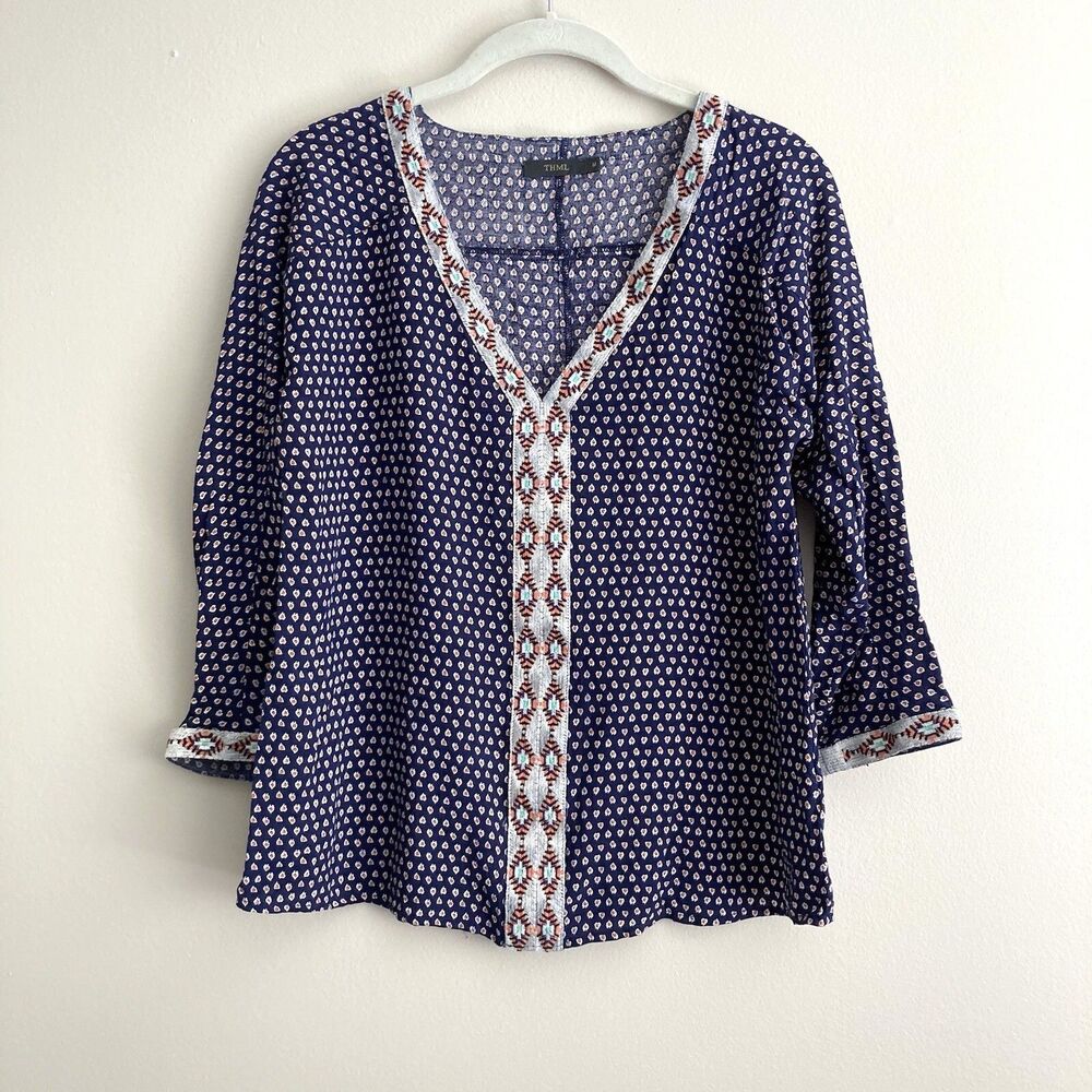 THML Anthropologie Embroidered Blouse Size Medium Navy Peach Boho Peasant